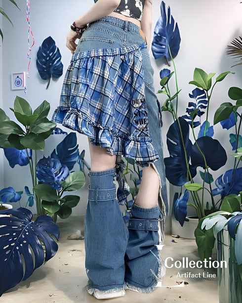 Patchwork Denim Check Skirt & Leg Warmers Co-ord