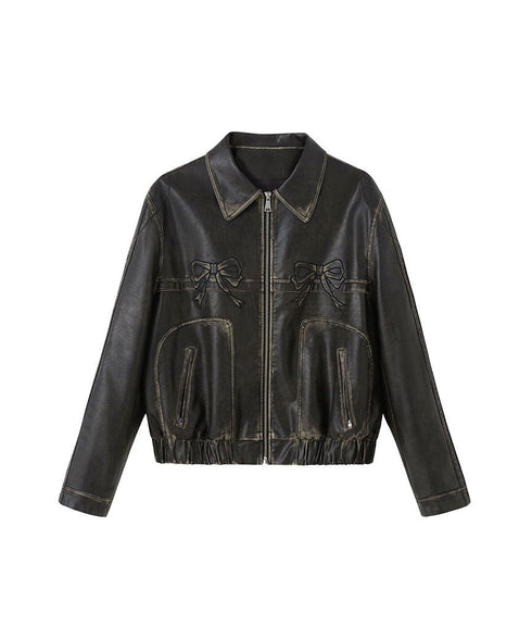 Ribbon Patchwork Faux Leather Jacket
