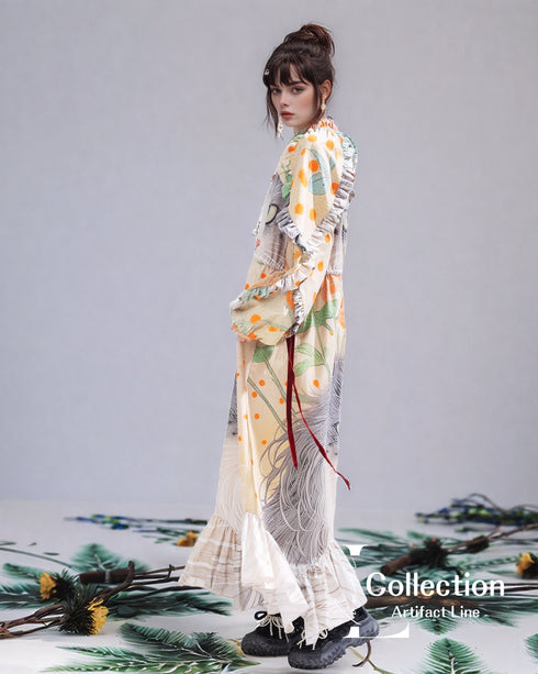 Cat Print Botanical Long Dress