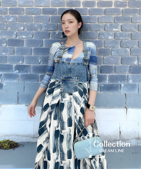 Printed Denim Strap Dress