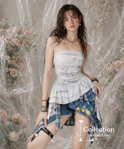 Patchwork Denim Check Skirt & Leg Warmers Co-ord