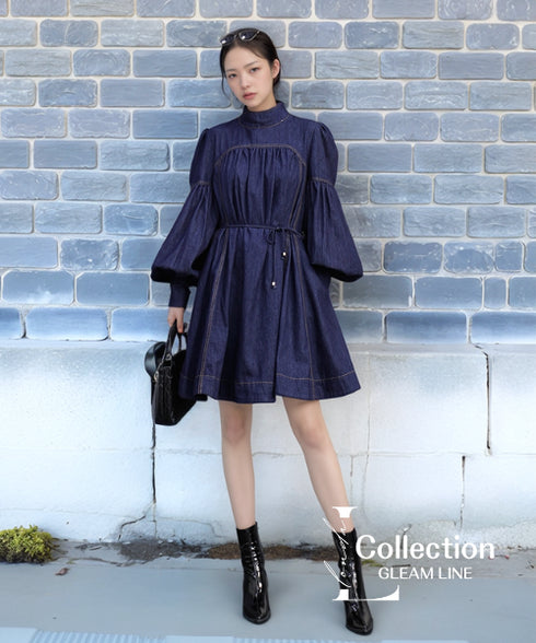 Stand Collar Ribbon Bow Denim Dress