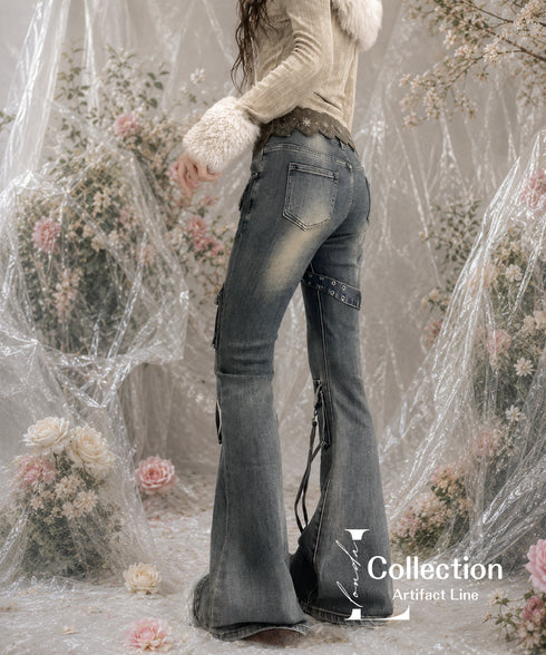 Vintage Washed Strap Denim Pants