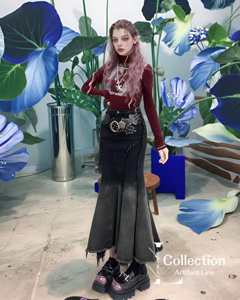 Distressed Flare Denim Maxi Skirt