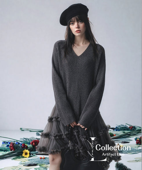 Rib Knit Tulle Layer Dress