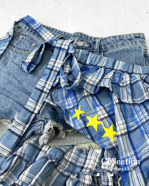 Patchwork Denim Check Skirt & Leg Warmers Co-ord