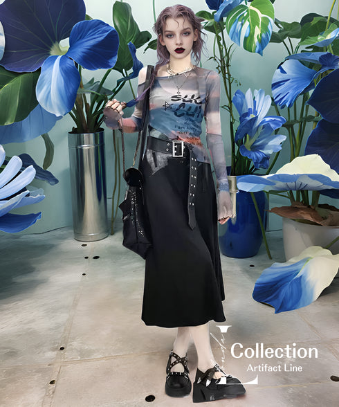 Sunset Print Sheer Flare Sleeve Top