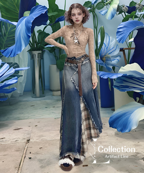 Patchwork Denim Plaid Maxi Skirt