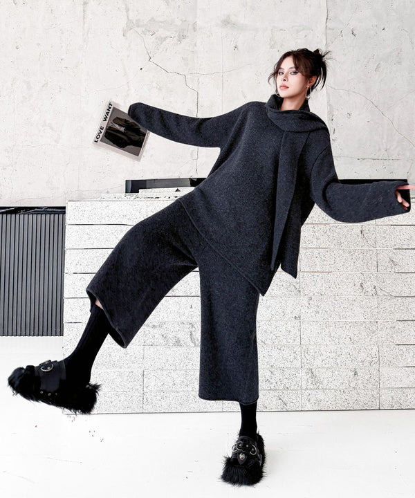 Draped Scarf Culotte Set Gray 正面