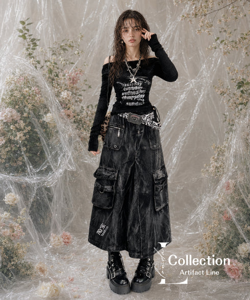 Washed Cargo Denim Skirt