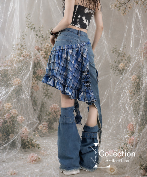 Patchwork Denim Check Skirt & Leg Warmers Co-ord