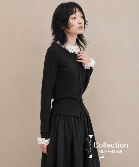 Frill Collar Ribbed Knit Top