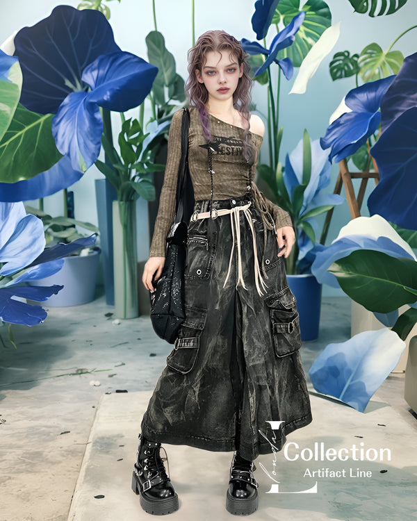 Washed Cargo Denim Skirt