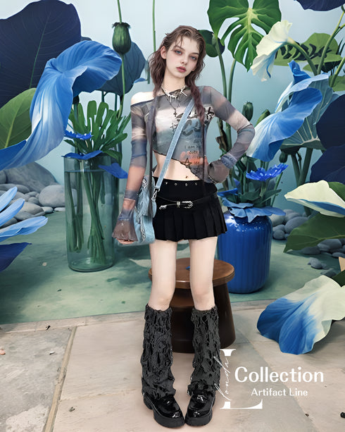 Sunset Print Sheer Flare Sleeve Top