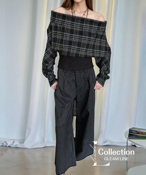 Plaid Off Shoulder Wide Pants Series
