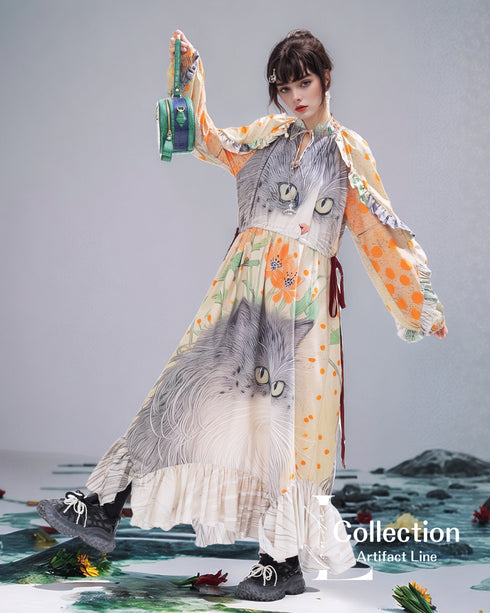 Cat Print Botanical Long Dress