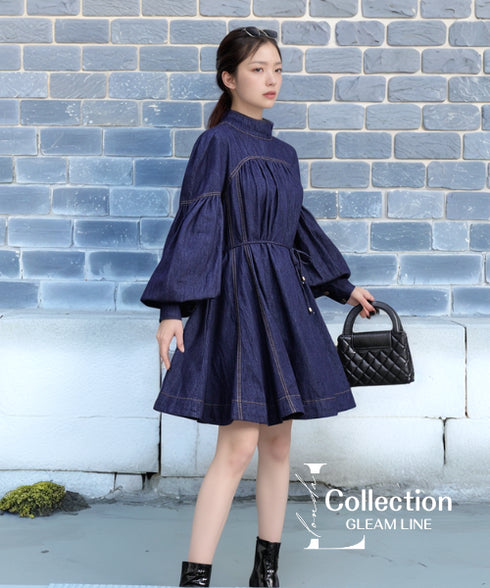 Stand Collar Ribbon Bow Denim Dress