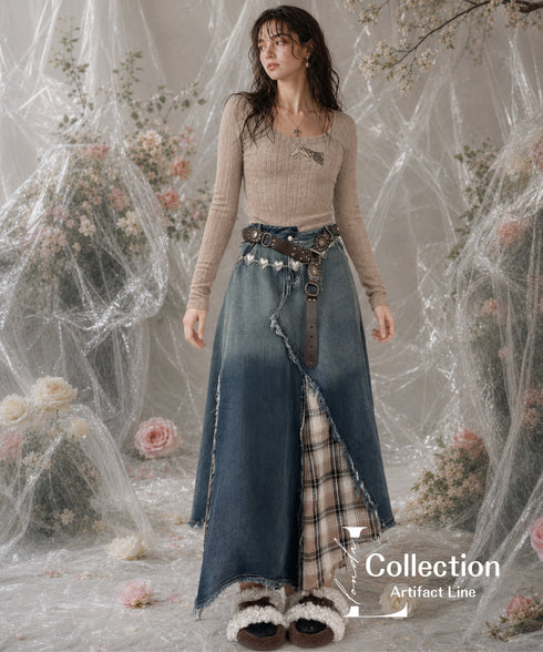 Patchwork Denim Plaid Maxi Skirt