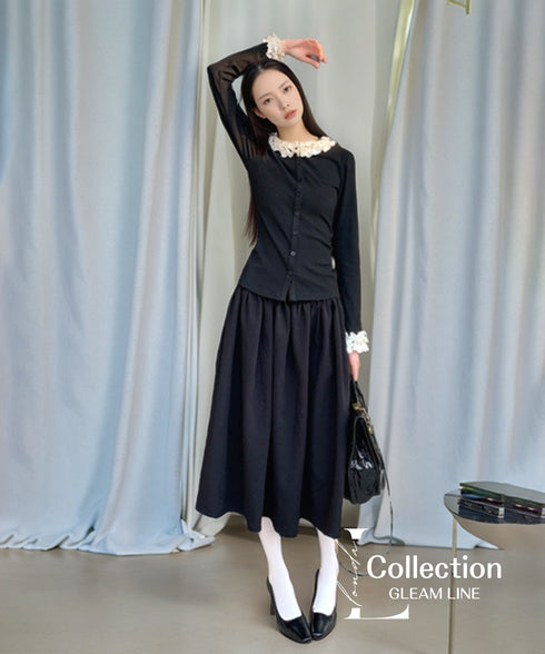 Frill Collar Ribbed Knit Top