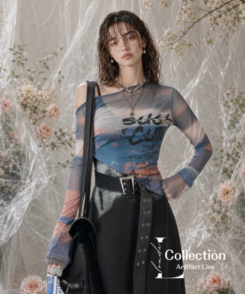 Sunset Print Sheer Flare Sleeve Top