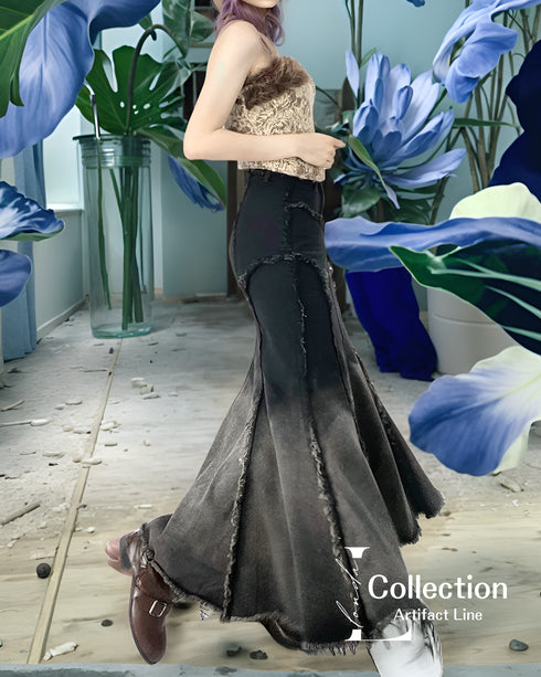 Distressed Flare Denim Maxi Skirt