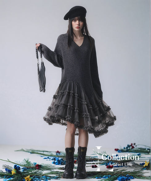 Rib Knit Tulle Layer Dress