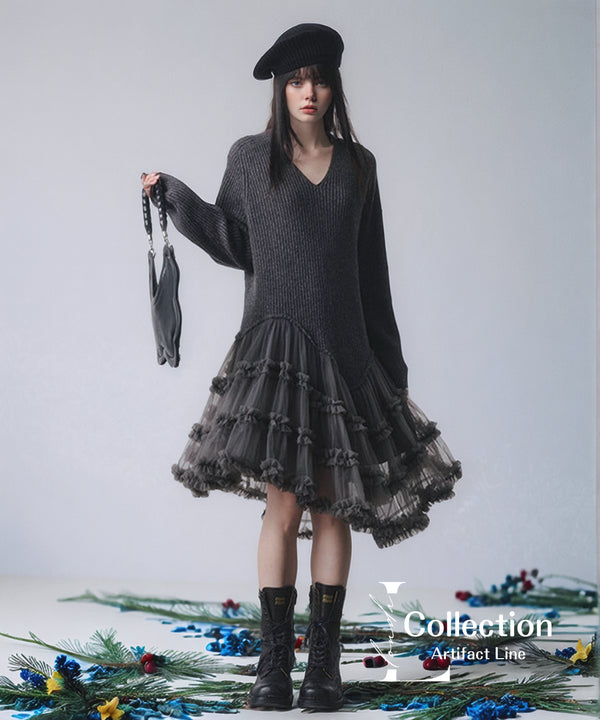 Rib Knit Tulle Layer Dress