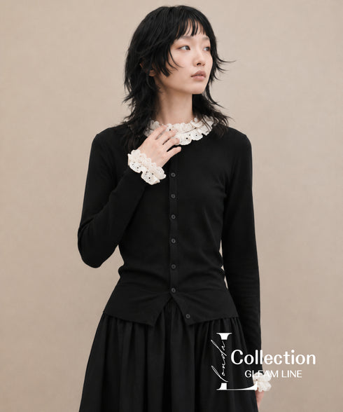 Frill Collar Ribbed Knit Top