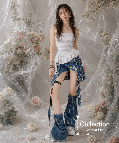 Patchwork Denim Check Skirt & Leg Warmers Co-ord