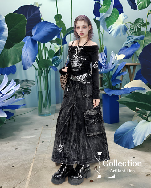 Washed Cargo Denim Skirt