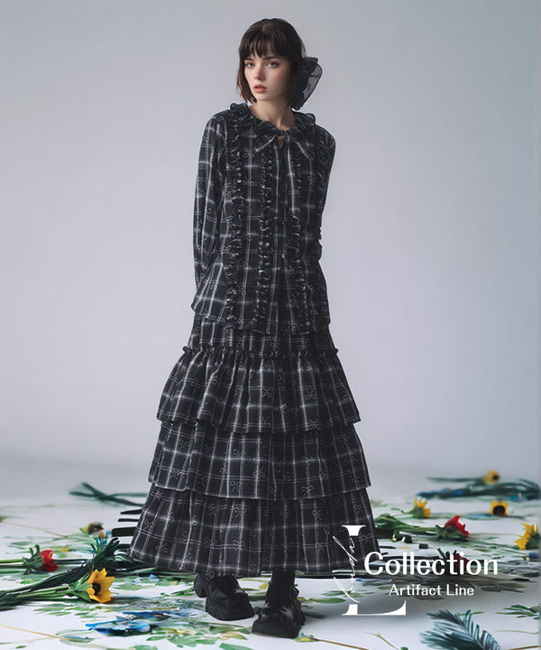 Ribbon Check Frill Blouse&Tiered Skirt Co-ord