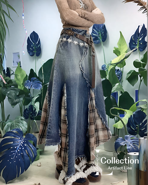 Patchwork Denim Plaid Maxi Skirt