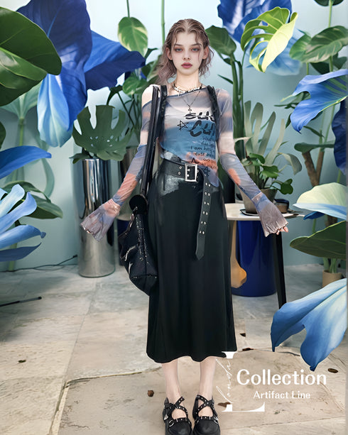 Sunset Print Sheer Flare Sleeve Top