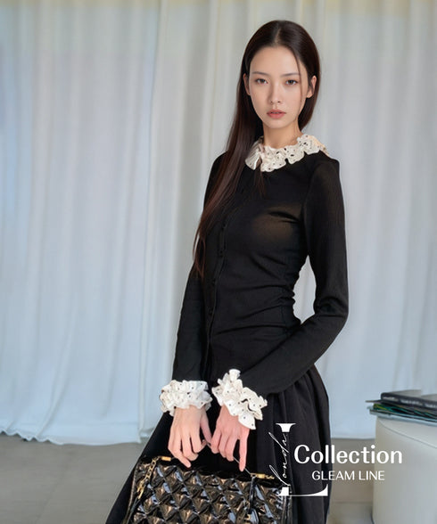 Frill Collar Ribbed Knit Top