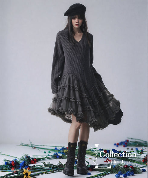 Rib Knit Tulle Layer Dress