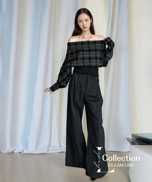 Plaid Off Shoulder Wide Pants Series