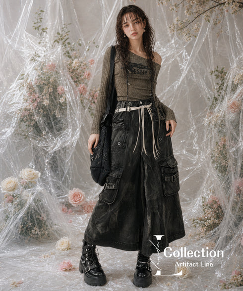 Washed Cargo Denim Skirt