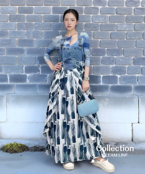 Printed Denim Strap Dress