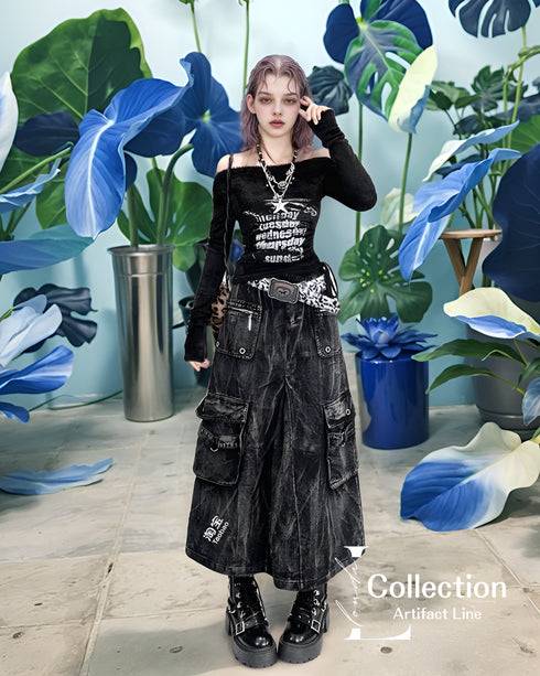 Washed Cargo Denim Skirt