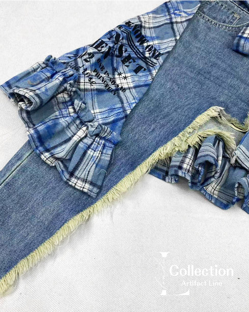 Patchwork Denim Check Skirt & Leg Warmers Co-ord