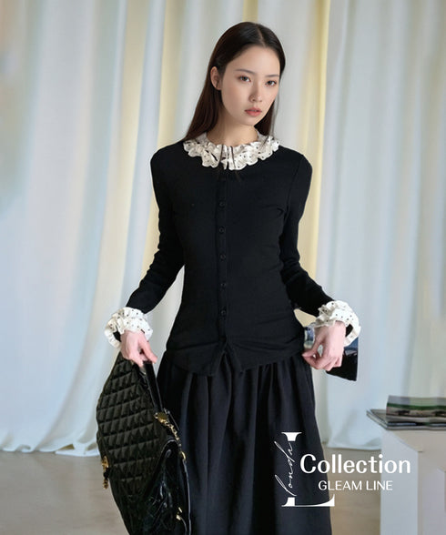 Frill Collar Ribbed Knit Top