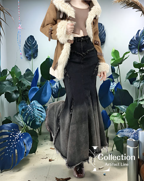 Distressed Flare Denim Maxi Skirt