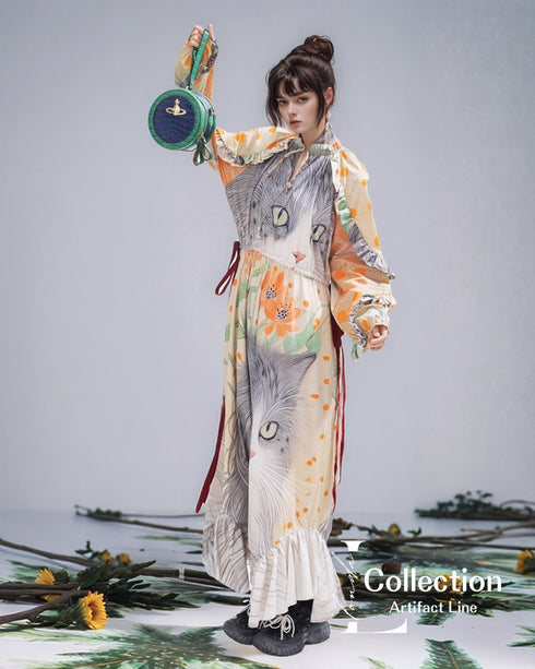 Cat Print Botanical Long Dress