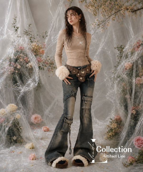 Vintage Washed Strap Denim Pants
