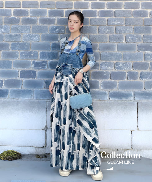 Printed Denim Strap Dress