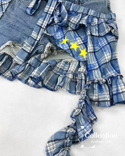 Patchwork Denim Check Skirt & Leg Warmers Co-ord