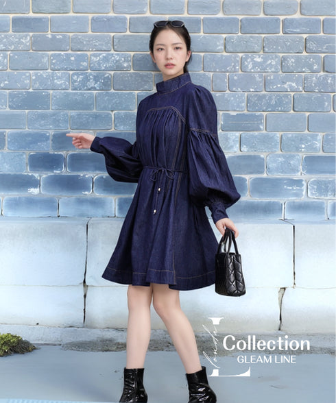 Stand Collar Ribbon Bow Denim Dress
