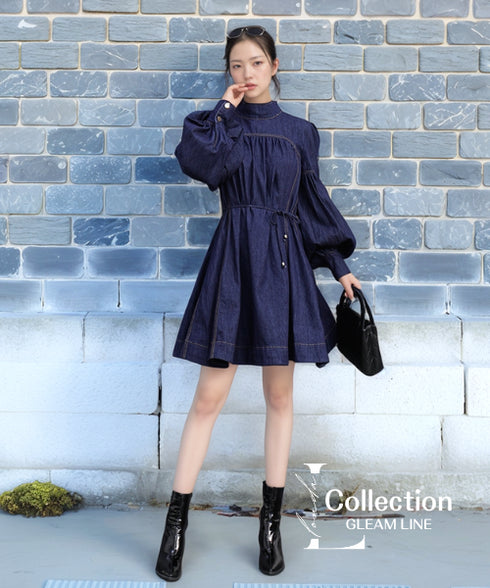 Stand Collar Ribbon Bow Denim Dress