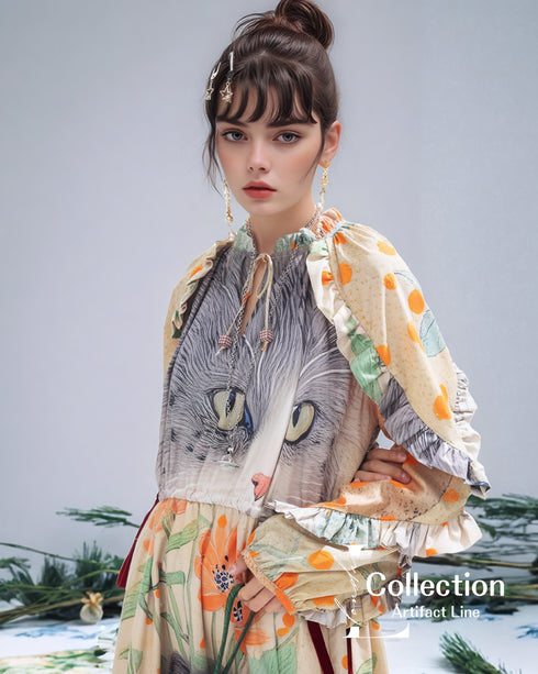 Cat Print Botanical Long Dress