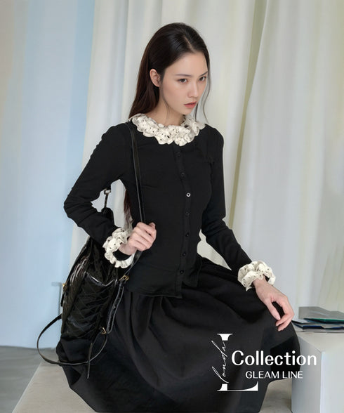 Frill Collar Ribbed Knit Top